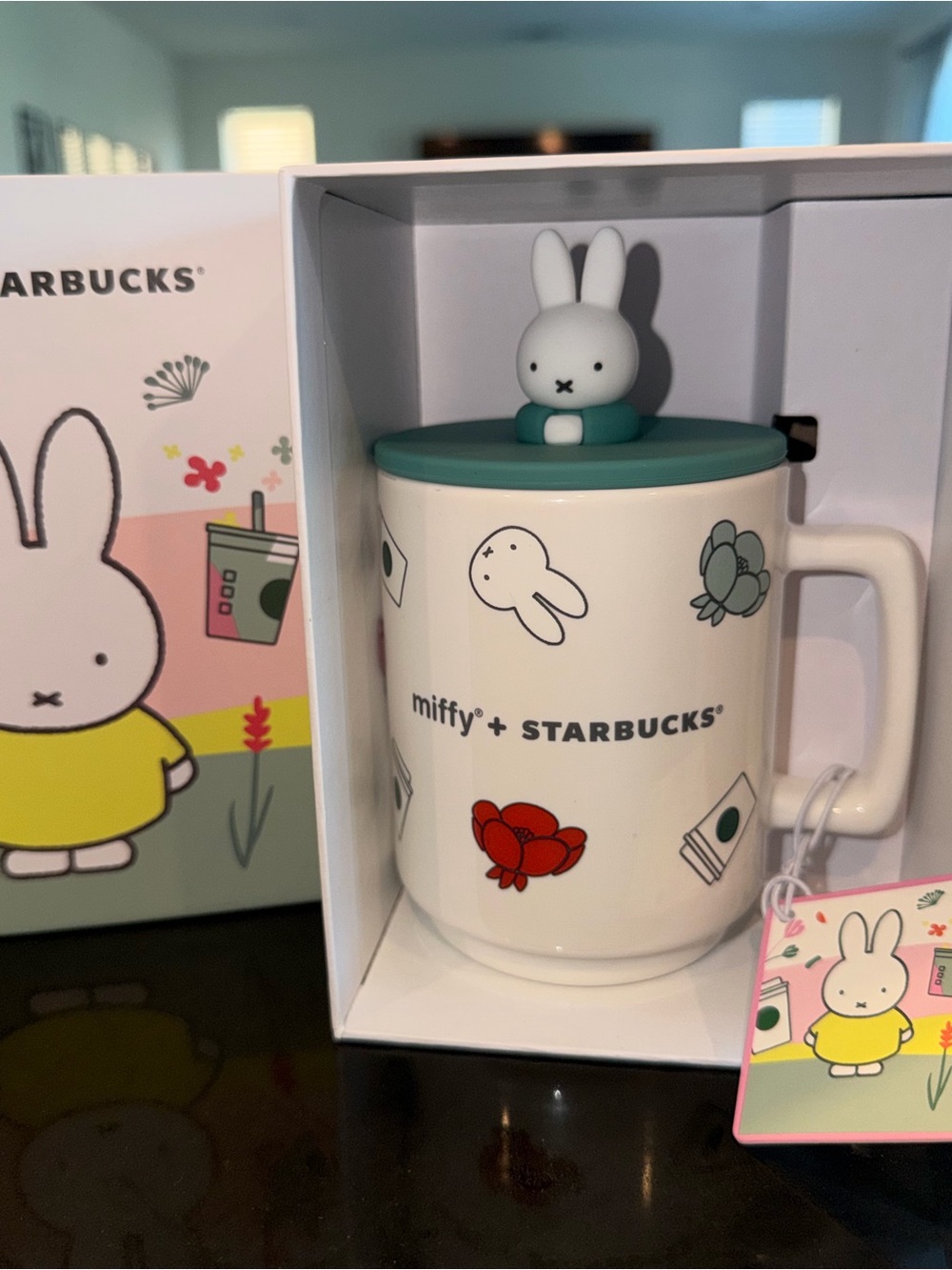 Starbucks x Miffy White Mug with Teal Lid and Red Flower Accent - Picture 2 of 3